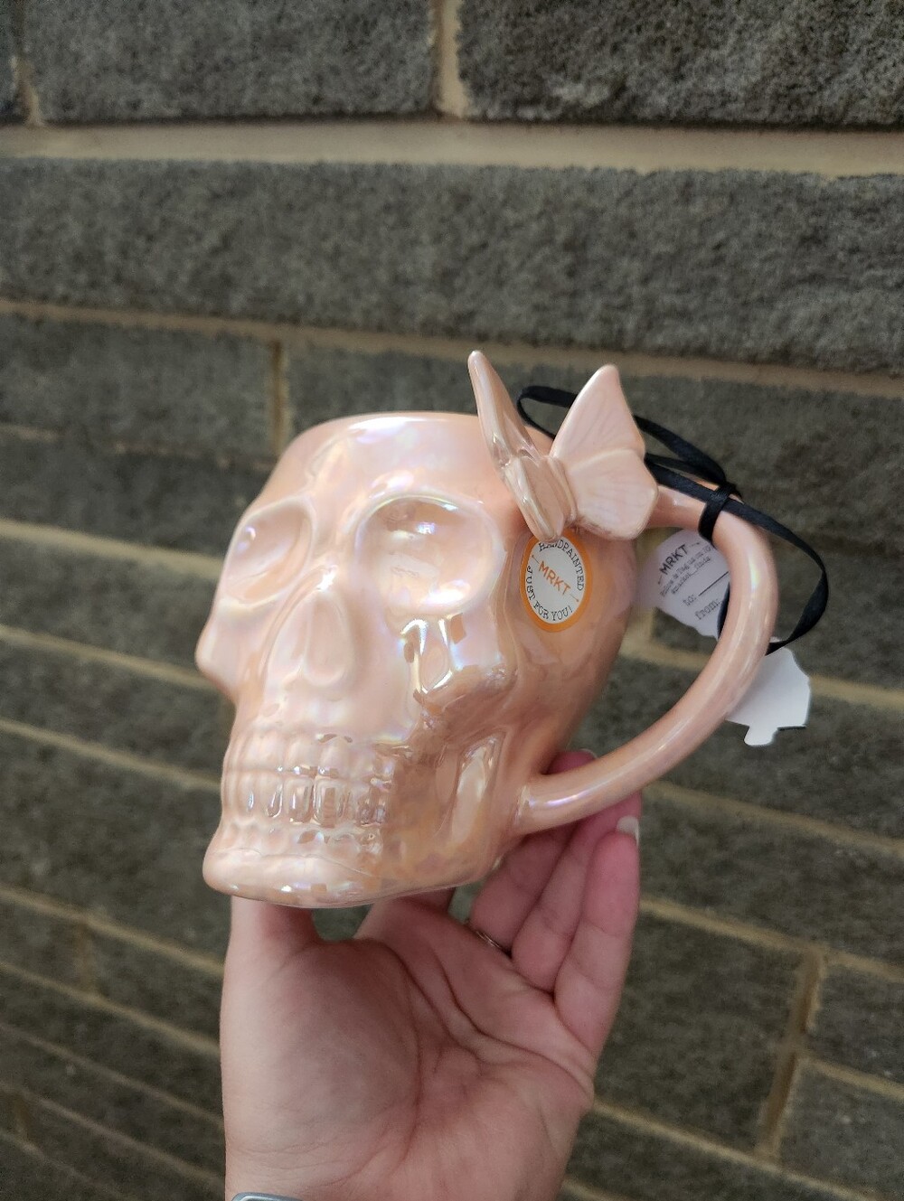 Halloween Skull Mug Peach Irridescent NWT Defect